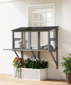 Wooden Cat Catio, Outdoor Cat Enclosure Window Perch With Jumping Platform